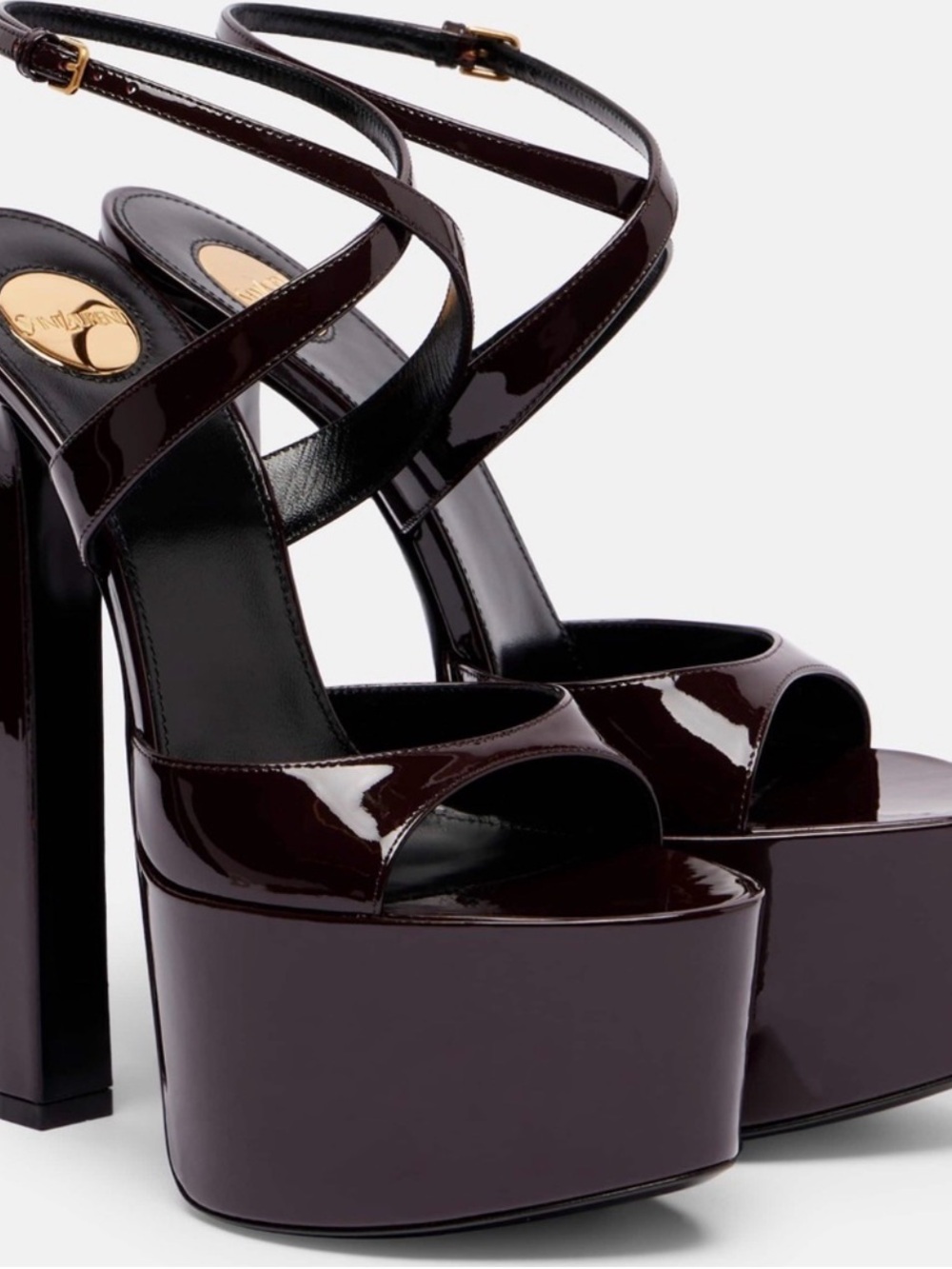 Yves Saint Laurent Patent Platform Sandals in Deep Burgundy